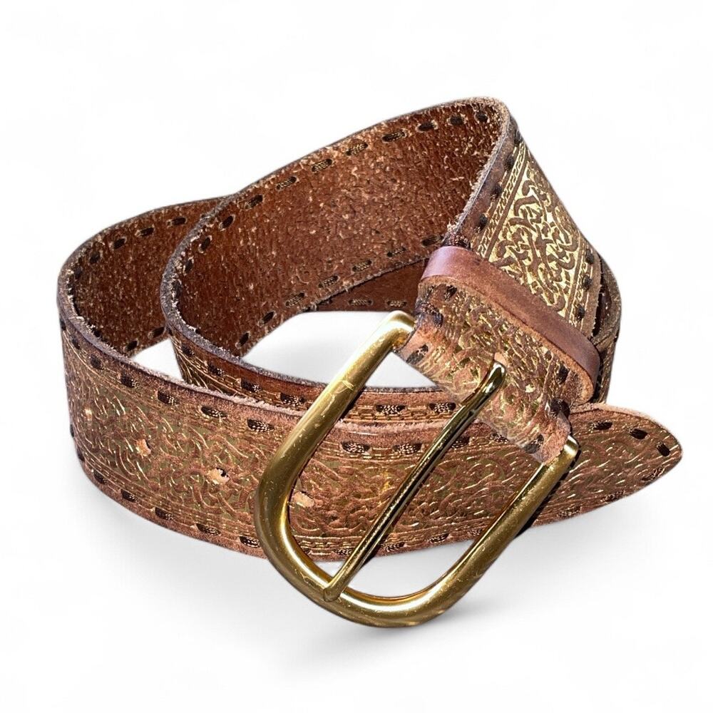 Golden Embossed Brown Leather Belt with Solid Brass Buckle size Medium